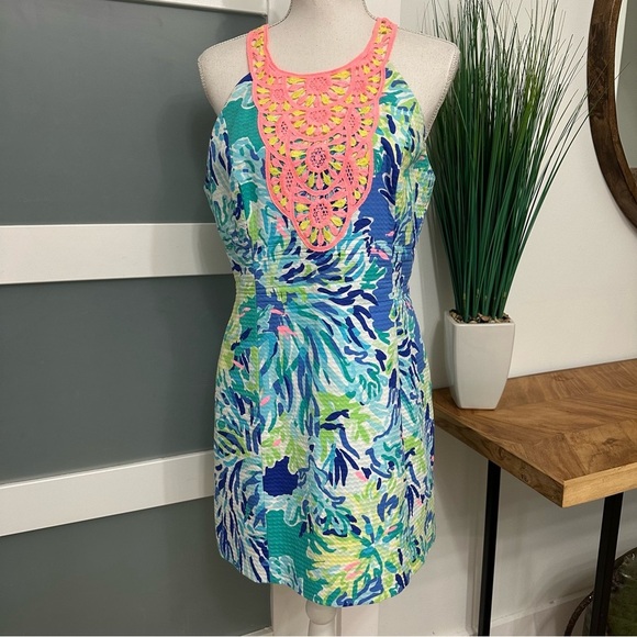 Lilly Pulitzer Shift Dress Pearl Brilliant Blue Wade And Sea SZ 10 Summer Wear - Picture 1 of 11